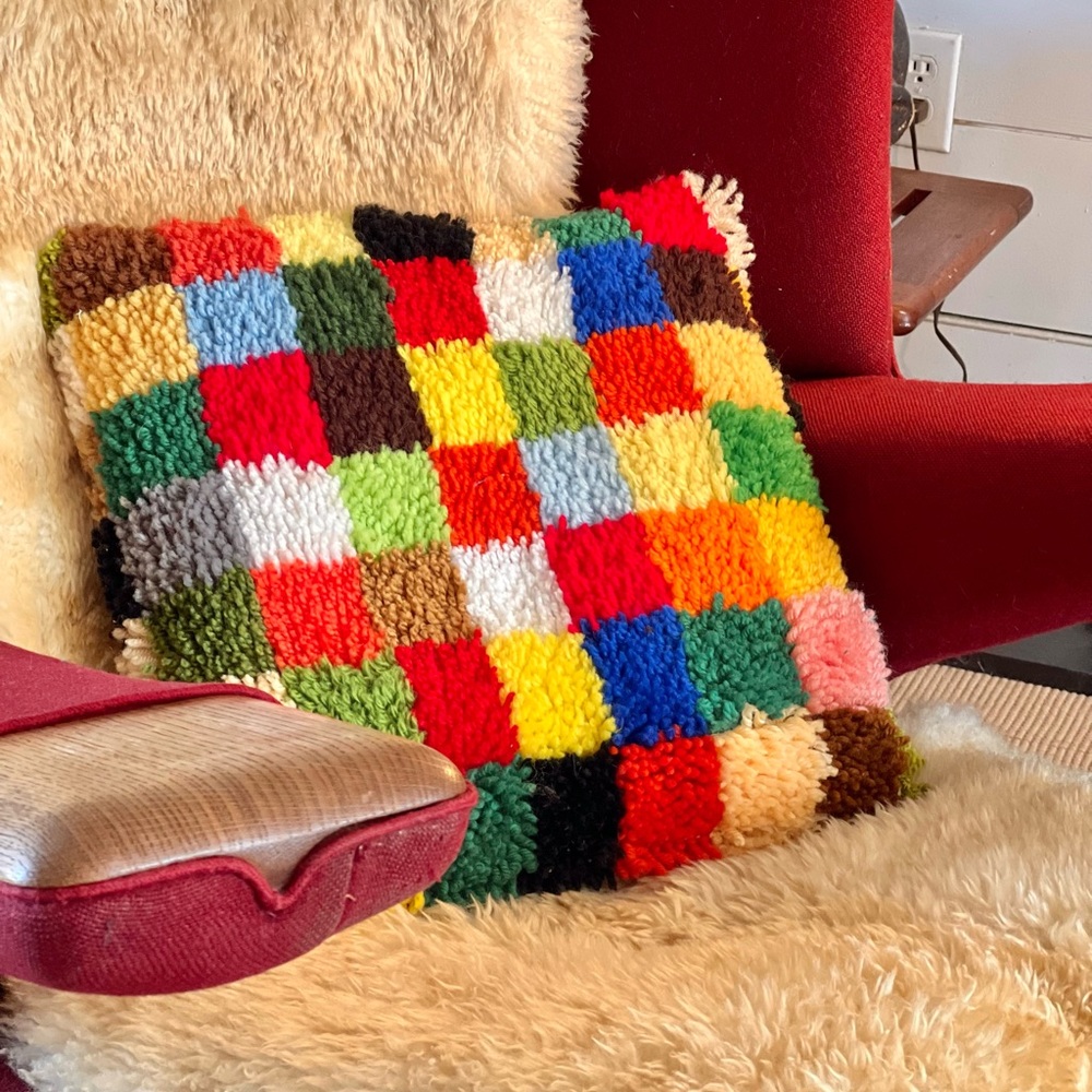 Vintage 70s Patchwork Handmade Multicolored Shaggy Latch Hook Toss Pillow